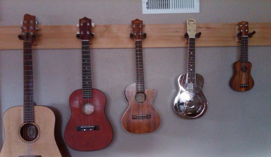 wall with a guitar and different types of ukulele