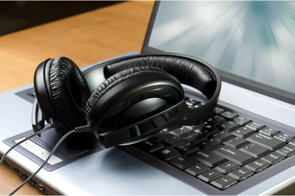 big headphones on laptop